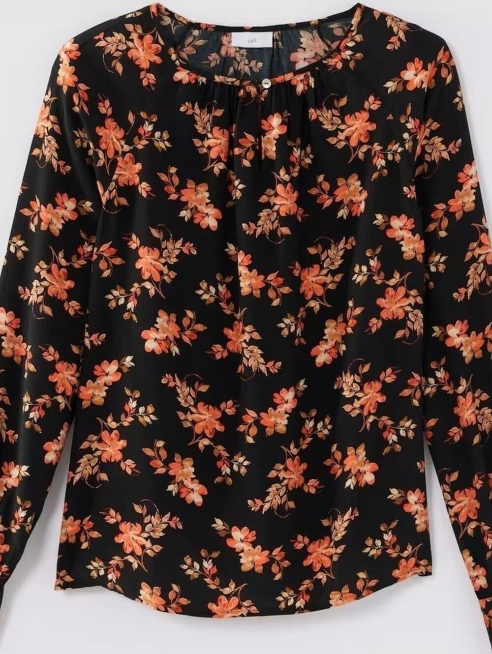 NEW J.Jill $89 Large Black Painterly Posies Floral Printed Cottagecore Top